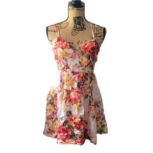 Red Camel white & orange floral strappy cage back summer dress, fits like XS
